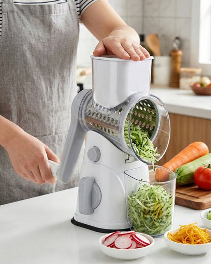 M Buder Rotary Cheese Grater with 3 Interchangeable Blades, Hand Crank Cheese Shredder Vegetable Chopper , Mandoline Slicer, Suction Base, White