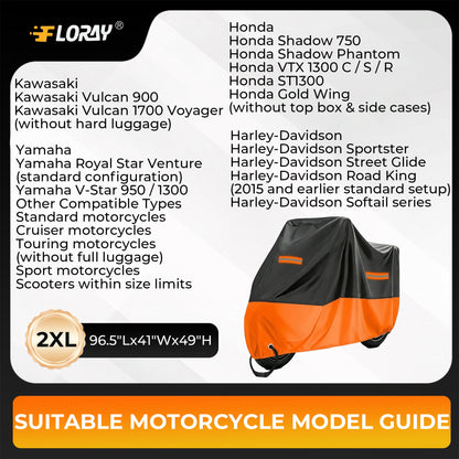 FLORAY Lightweight All-Season Motorcycle Cover, Waterproof Outdoor Protection with Reflective Strips and Windproof Buckles, 2XL, Orange
