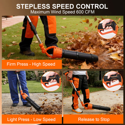 HOTREE Cordless Leaf Blower, 2*21V 400W 600CFM 150MPH, Detachable Foldable, Rotating Leaf Blower, Suitable For Gardens Patios and Streets, Orange