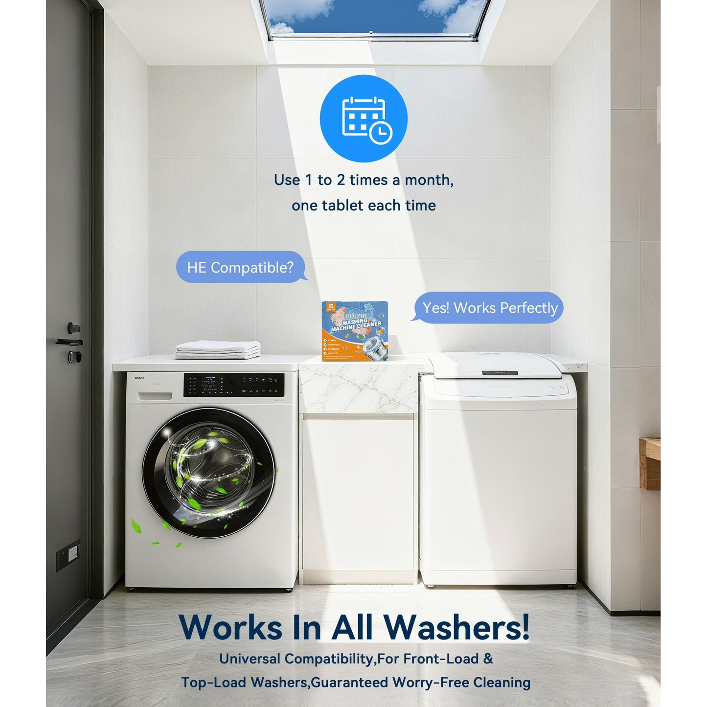 FVSA Washing Machine Cleaner Tablets, Deep Cleaning Odor Eliminator for Front and Top Load HE Washers, 12 Count