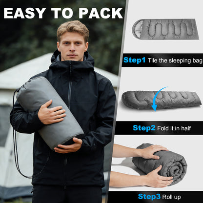 OHHANI Sleeping Bag for Adults Lightweight Backpacking, Comfort 40°F to 77°F, 87" x 30" Suitable for Camping, Hiking, Travel, Gray