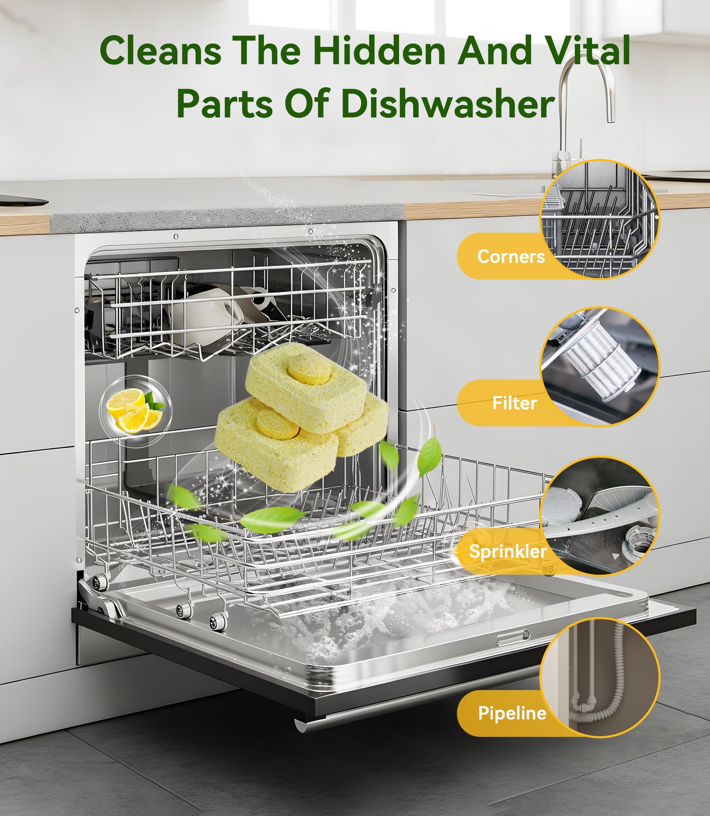 BIMZUC Dishwasher Cleaner Tablets (12 Pack), Deep Clean, Remove Limescale and Odors, Lemon Scent