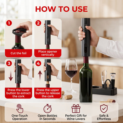 M Buder Electric Wine Opener, Automatic Wine Bottle Opener Set with Foil Cutter Vacuum Stopper and Storage Base, Cordless Automatic Corkscrew for Kitchen and Parties