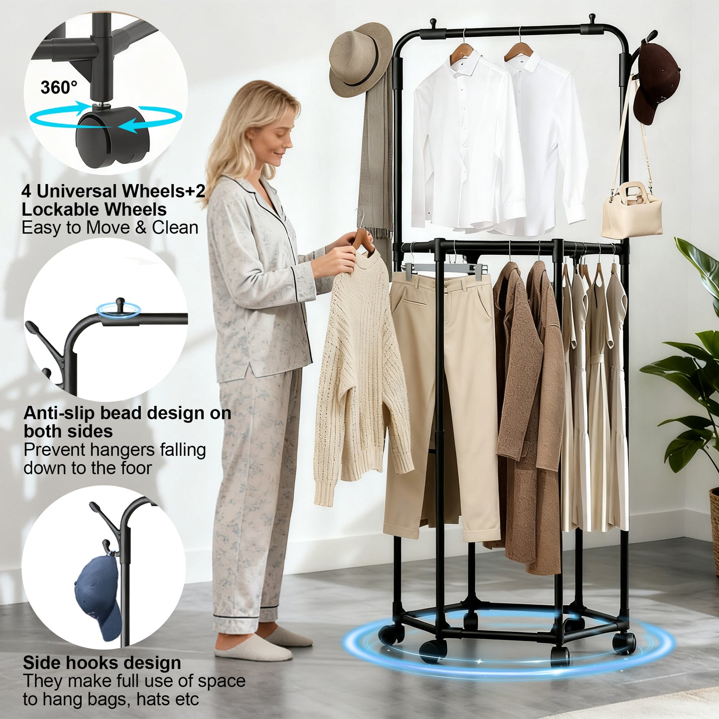 WEENEED Rolling Garment Rack with Wheels, Double-Layer Rotating Clothes & Coat Organizer with Hat Hooks, Multi-Functional Clothing Storage for Bedroom or Closet