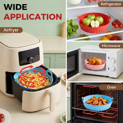 M Buder 3 Pack Silicone Air Fryer Liners 4-7 QT, Reusable Food Grade Basket Bowl, Replacement for Parchment Paper, Baking Tray Oven Accessories, Round Red&Blue&Pink (Top 7.9in, Bottom 6.7in)