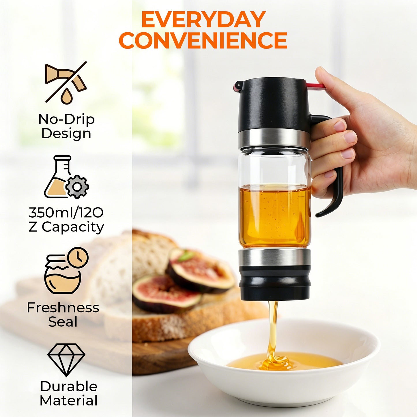 Riousery Honey Dispenser No Drip, 12oz Glass Syrup Dispenser with Press Lid, Leakproof Honey Jar with Silicone Seal, One-Hand Use for Honey, Oil, Sauces