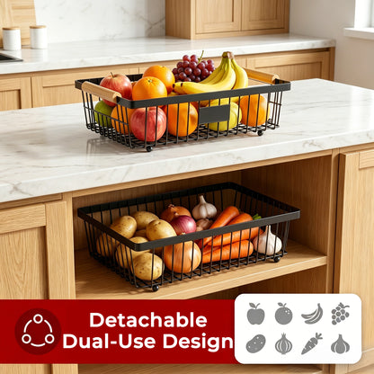 Riousery 2-Tier Fruit Basket for Kitchen Counter with Wooden Handle and Side Hooks, Detachable Metal Fruit Bowl Stand for Fruit and Vegetable Storage, Black, 16.1" x 9.4" x 11.4"