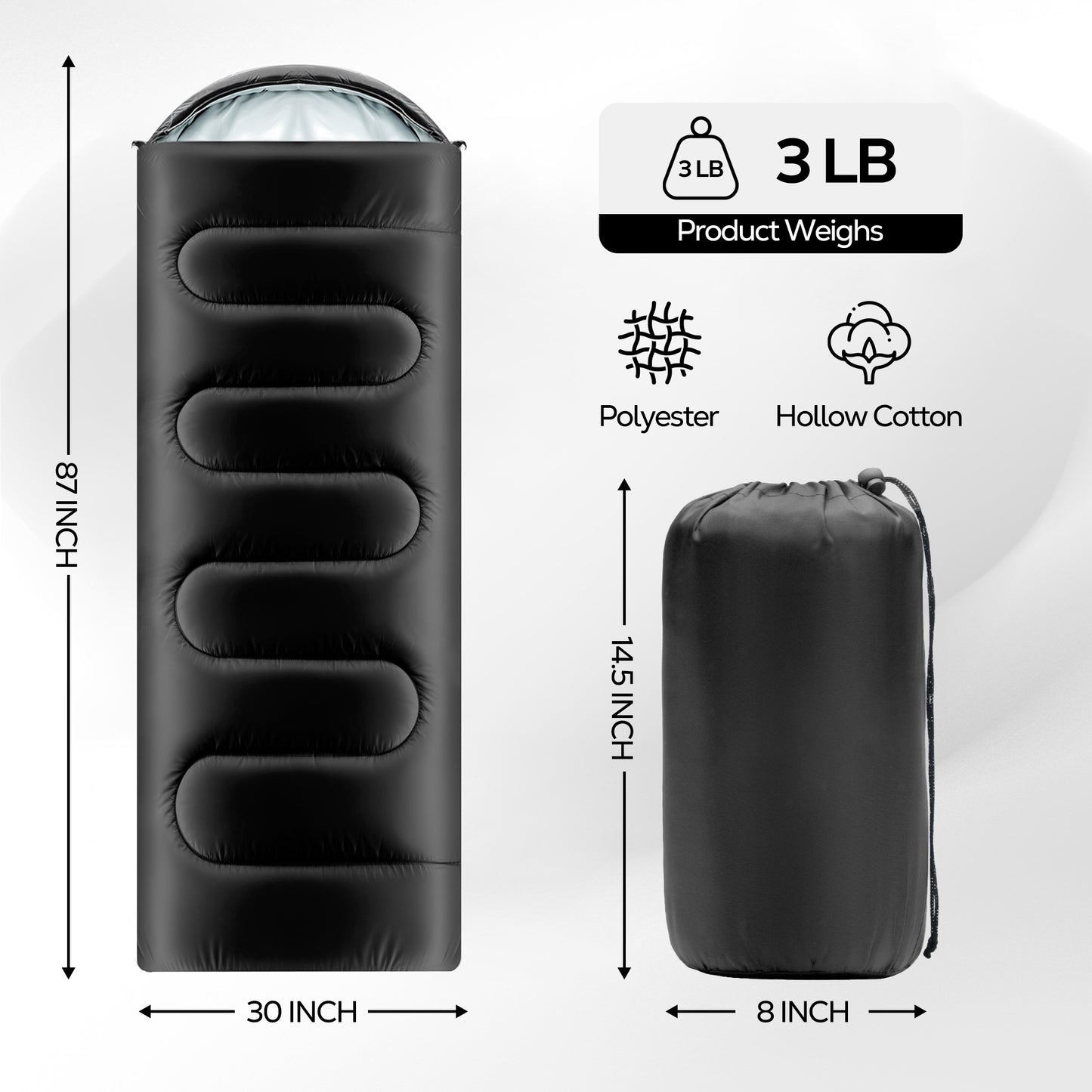 OHHANI Sleeping Bag for Adults Lightweight Backpacking, Comfort 40°F to 77°F, 87" x 30" Suitable for Camping, Hiking, Travel, Black