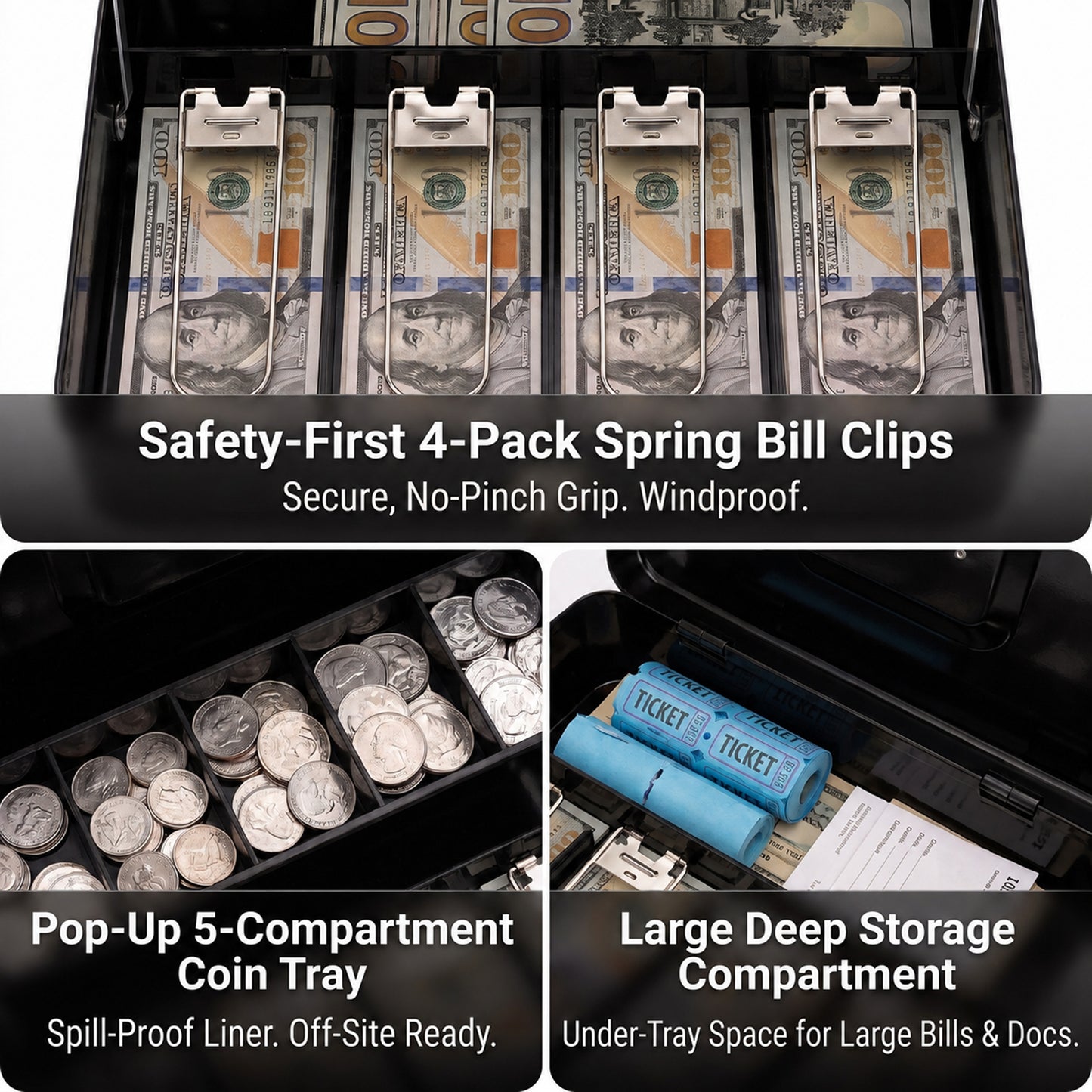 Alylo Large Metal Cash Box with Money Tray and Key Lock, 5 Coin Compartments, Black, 11.8" x 9.45" x 3.74"
