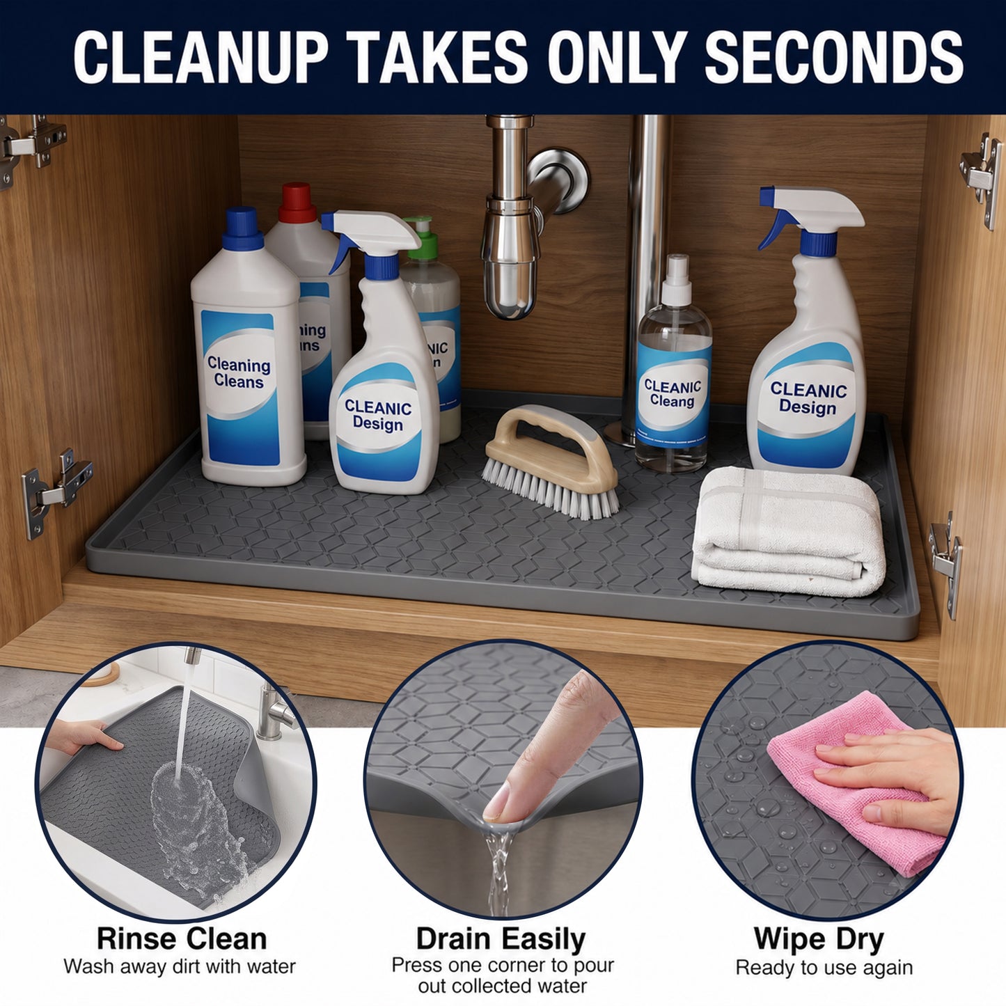 Riousery Under Sink Mat for Kitchen and Bathroom, 34 x 22 Inch Waterproof Silicone Cabinet Liner with 1.8 cm Raised Edge, Dark Gray