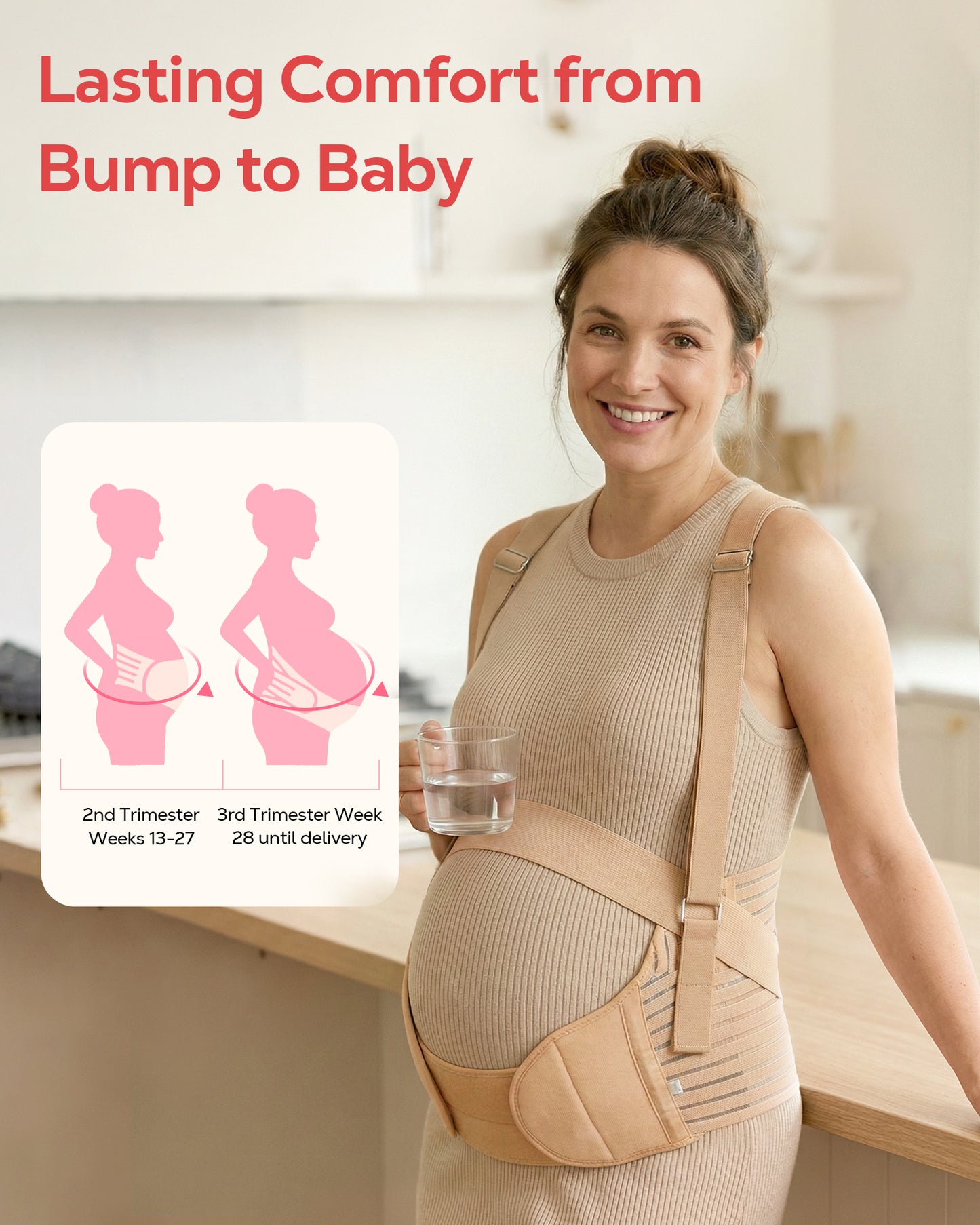 RUPOUN Adjustable Maternity Belly Band – Pregnancy Belt for Back & Pelvic Support, Comfortable for Pregnant Women, Beige