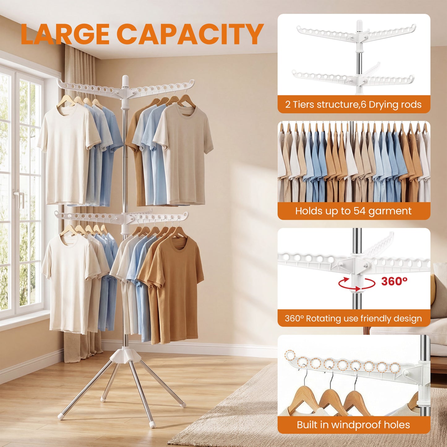 WEEUSE Clothes Drying Rack, Space Saving and 2-Tier Design, 6 Rotating Arms, Stainless Steel Frame with Quad Base, 74.8 in Height