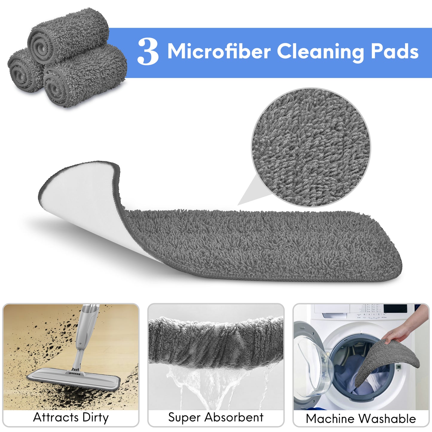 BIMZUC Spray Mop for Floor Cleaning Wet, with 14 oz Refillable Bottle and 3 Washable Microfiber Pads Home or Commercial Use, Gray