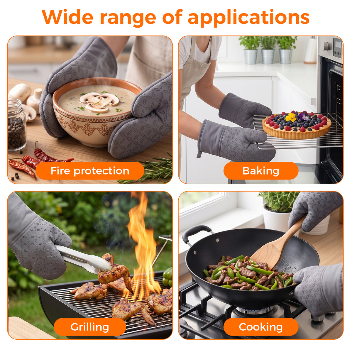 M Buder Oven Mitts Set, 4 Pcs 392°F Heat Resistant Pot Holders and Oven Mitts, Extra Long Thick Cotton Kitchen Oven Gloves for Cooking, Baking, BBQ, Gray