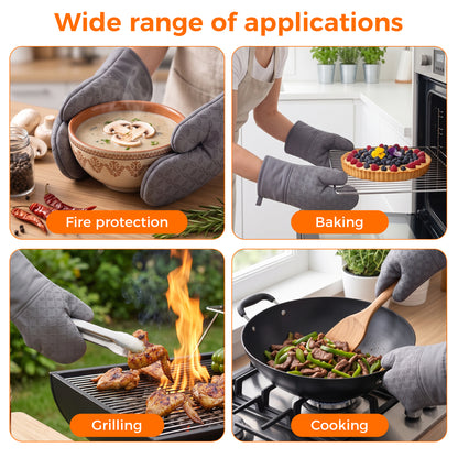 M Buder Oven Mitts Set, 4 Pcs 392°F Heat Resistant Pot Holders and Oven Mitts, Extra Long Thick Cotton Kitchen Oven Gloves for Cooking, Baking, BBQ, Gray