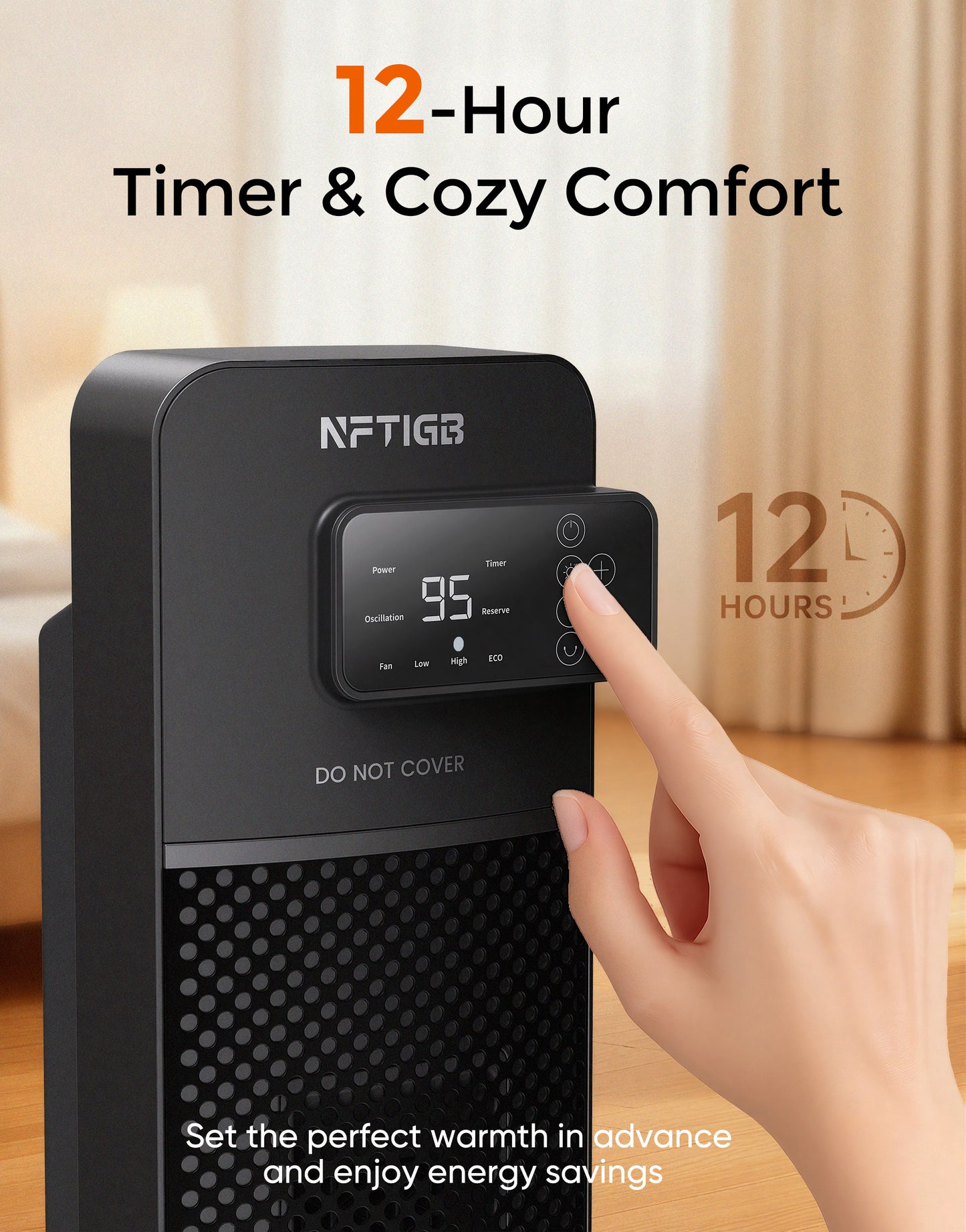 NFTIGB 24 inch PTC Ceramic Tower Heater for Home with Tip-Over Switch, Digital Display, Thermostat, Wide Oscillation, Remote, Timer, Gray