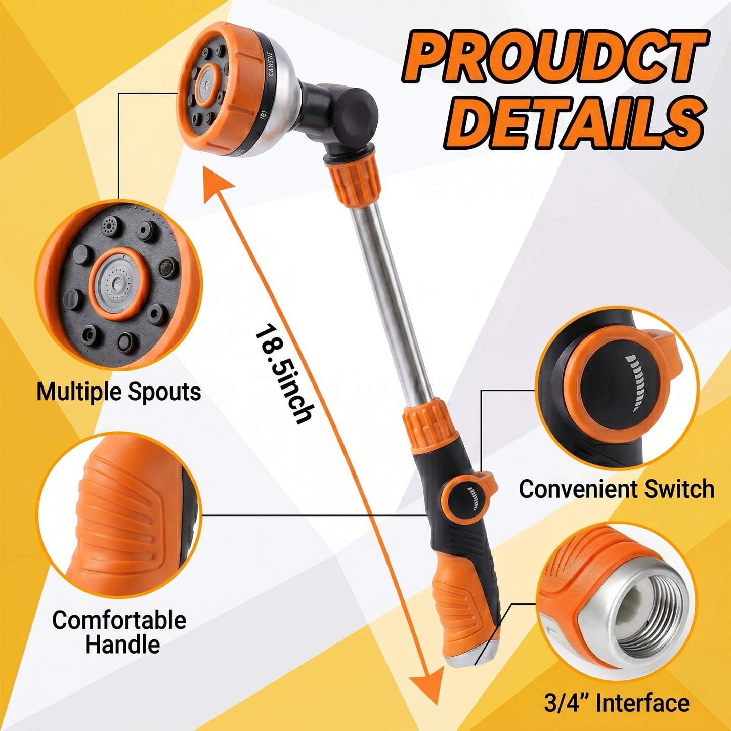 OHHANI Metal Watering Wand with 8 Spray Patterns Thumb Control, 180° Adjustable Nozzle, for Watering Hanging Baskets, Shrubs, and Car Washing