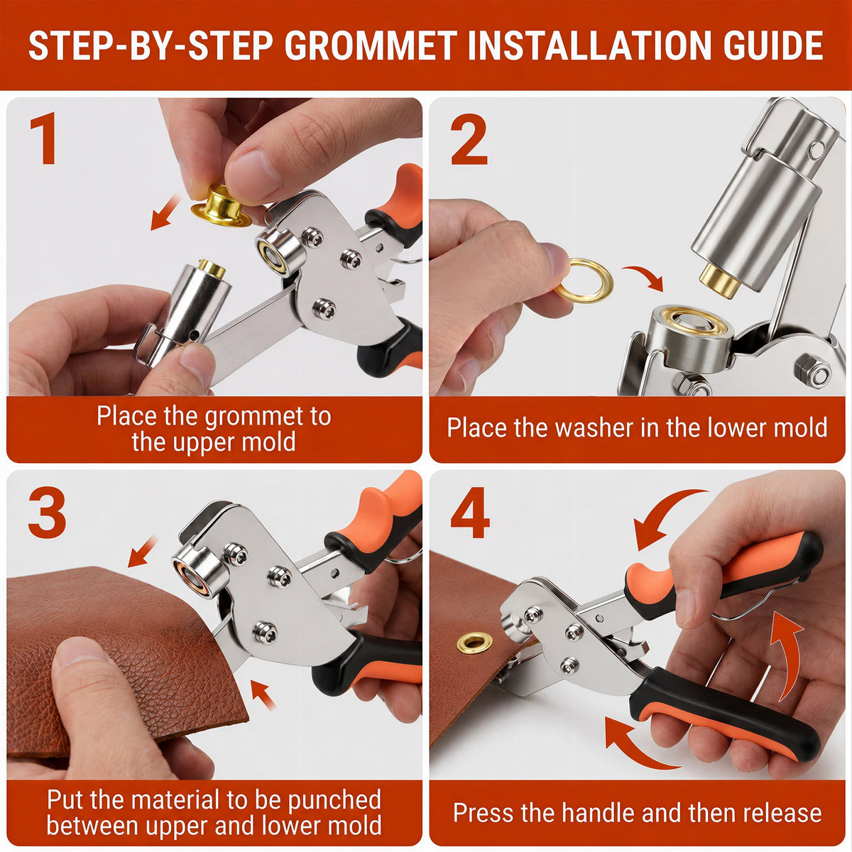 Ouneot Grommet Tool Kit, 300Pcs Silver & Gold Iron Eyelets Hole Punch Pliers, Ergonomic Anti-Slip for Fabric Leather Canvas Tarpaulin Diy Craft Repair