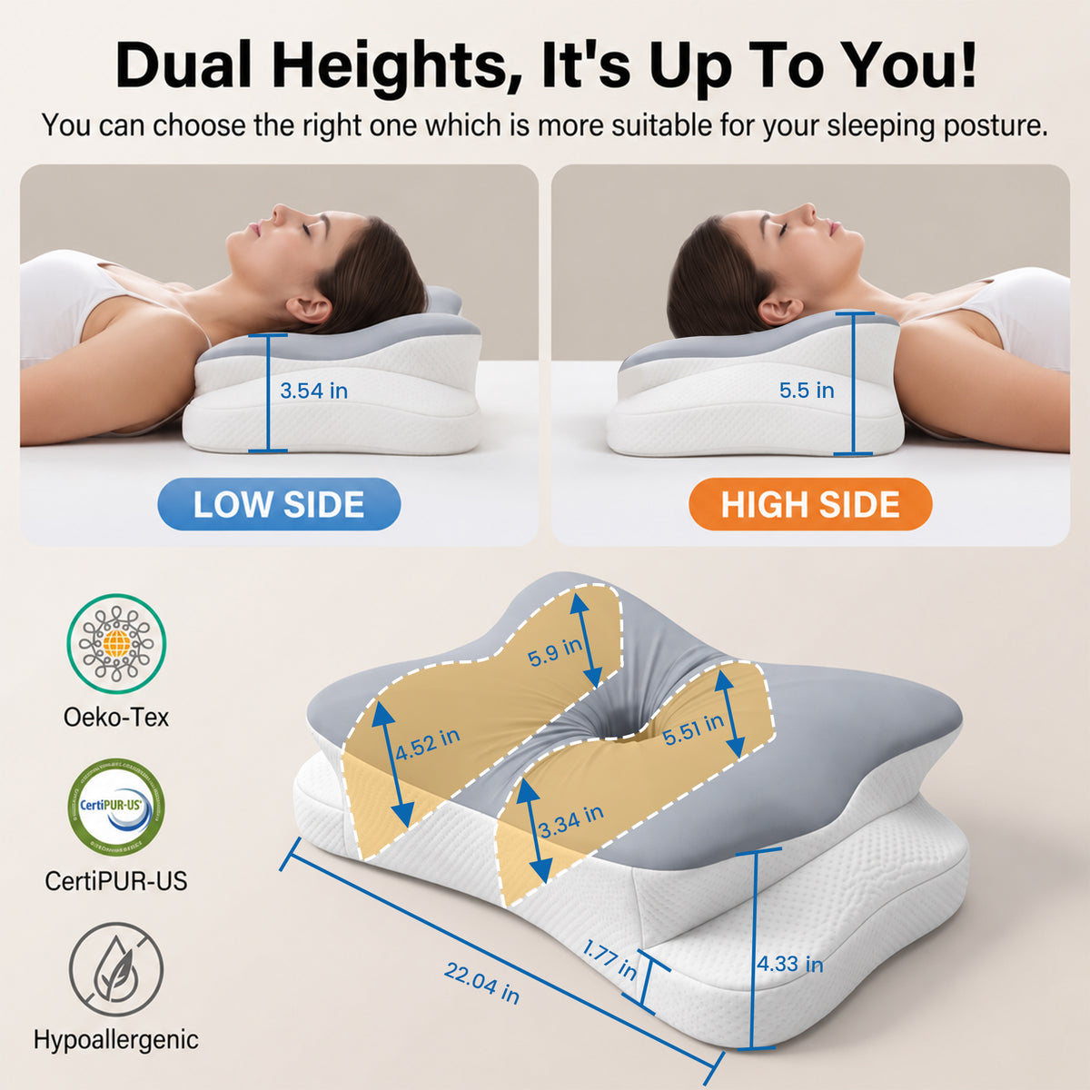 Alylo Cervical Contour Pillow for Neck Support, Fast Rebound Memory Foam Orthopedic Bed Pillow with Breathable Cover, Support for Side, Back & Stomach Sleepers