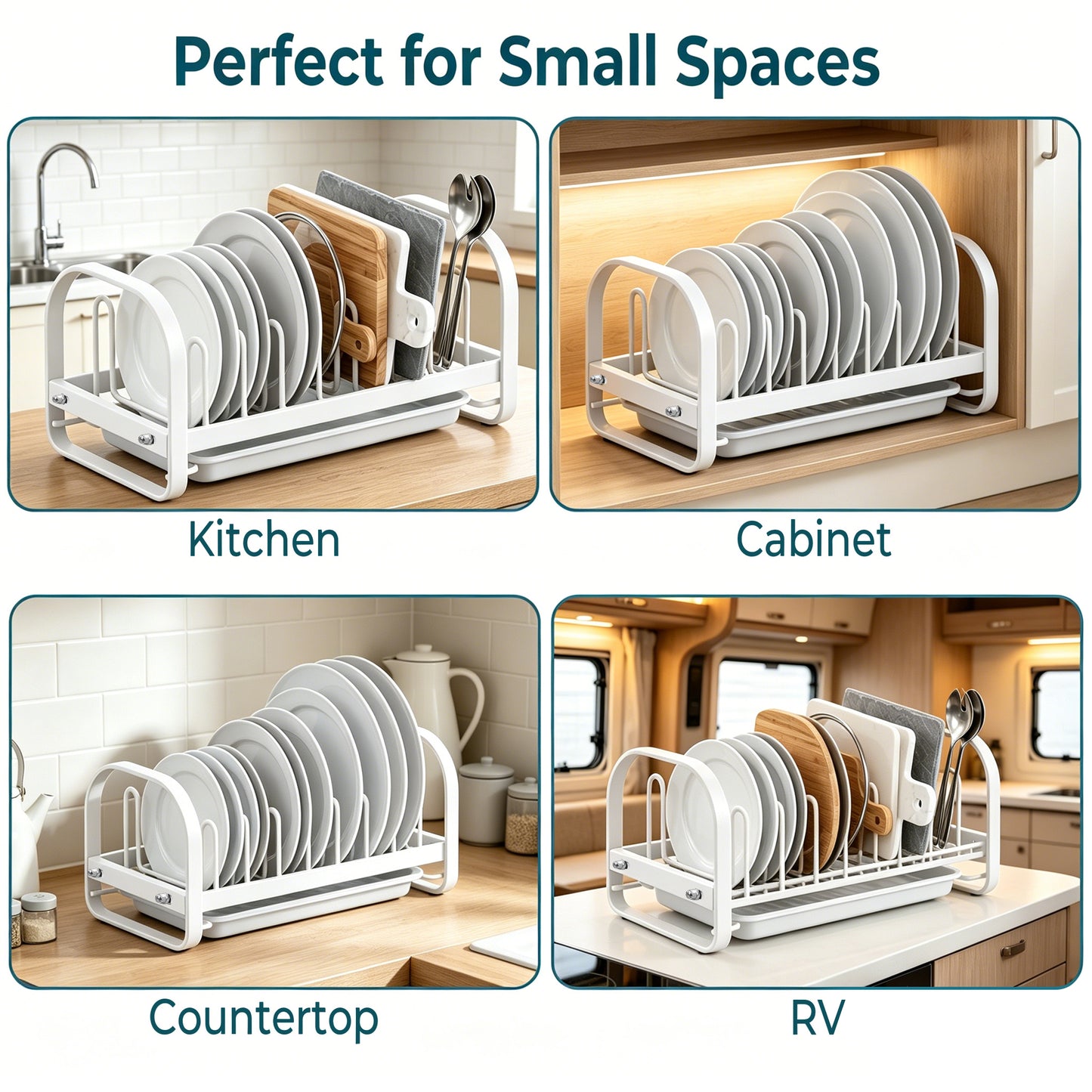 Riousery Dish Drying Rack with Drainboard, Compact Stainless Steel Dish Drainer for Small Kitchen Counter, White
