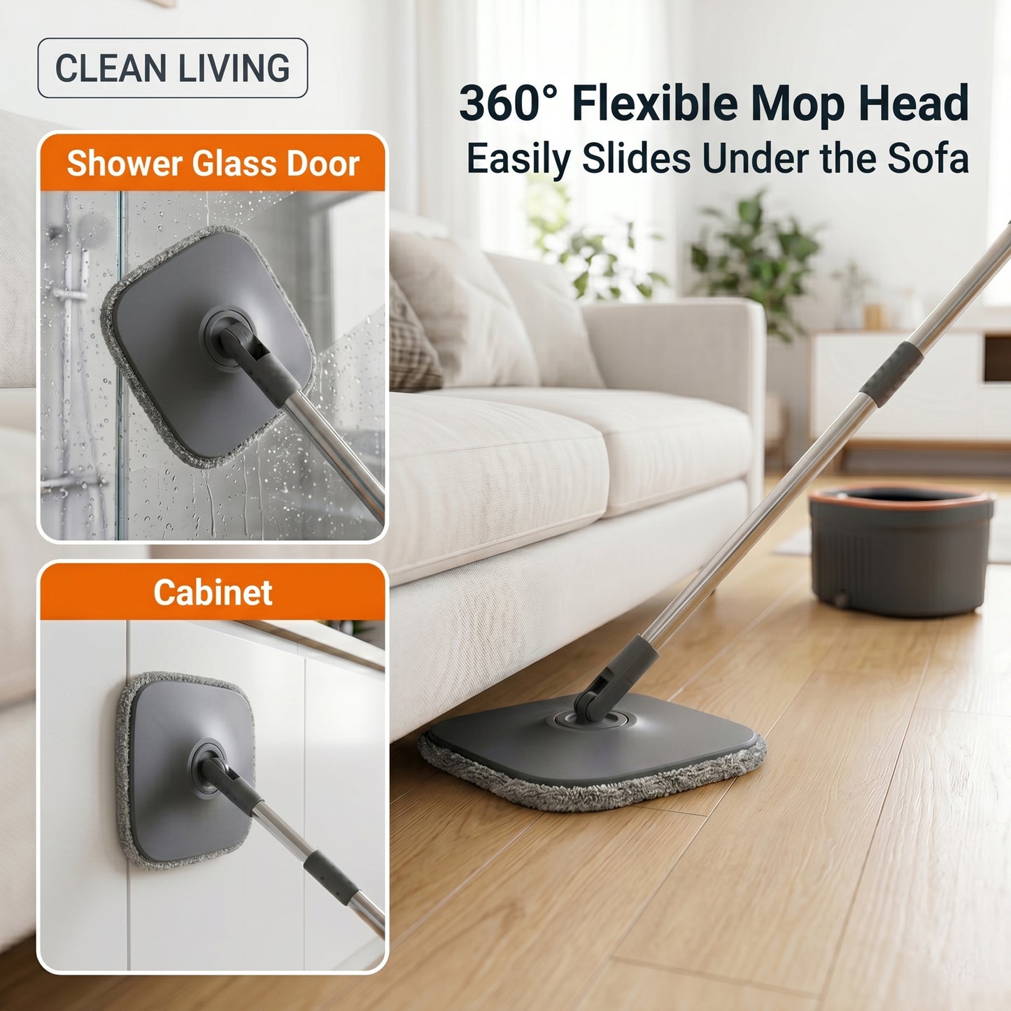FVSA Clean Water Separation Square Spin Mop and Bucket Set with 2 Washable Pads, Gray and Orange, 1-Pack