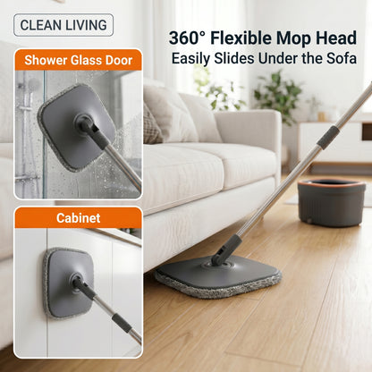 FVSA Clean Water Separation Square Spin Mop and Bucket Set with 2 Washable Pads, Gray and Orange, 1-Pack