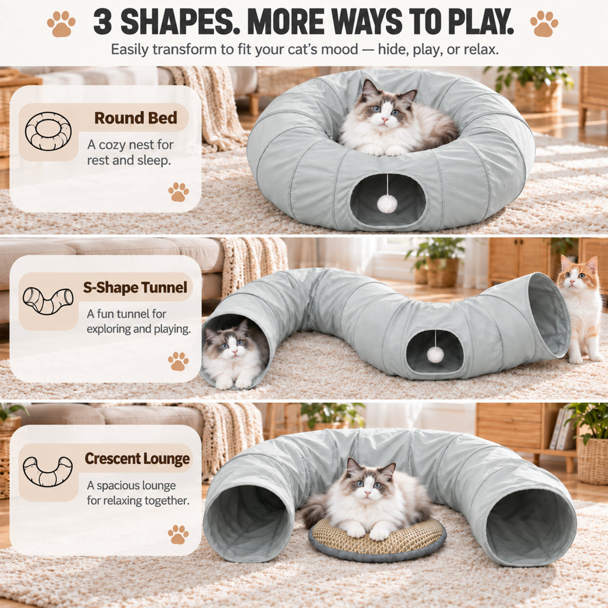 Tolobeve Foldable Cat Tunnel with Cushion Bed, Double-Layer Fabric Modular Tube Toy for Indoor Cats, Gray