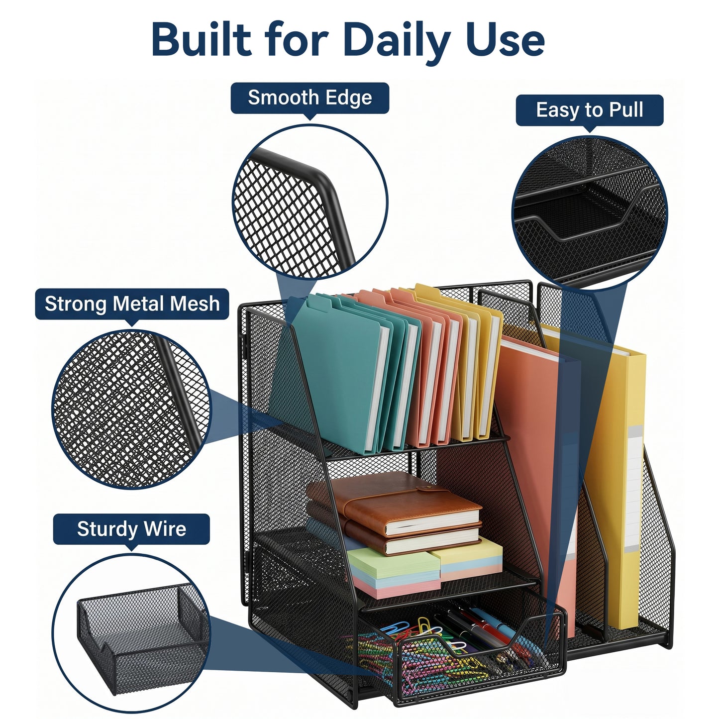 Riousery Desk Organizer with Drawer and 2 Pen Holders, Mesh File Organizer for Desk, Space-Saving Desktop Organizer for Office, Home, School