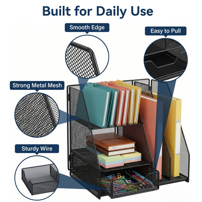 Riousery Desk Organizer with Drawer and 2 Pen Holders, Mesh File Organizer for Desk, Space-Saving Desktop Organizer for Office, Home, School