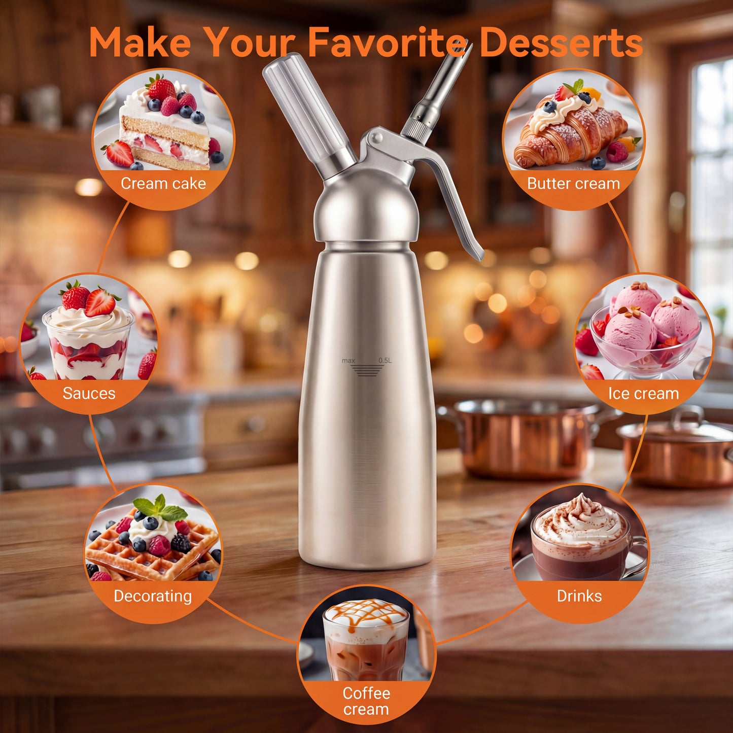 M Buder Whipped Cream Dispenser, Whip Cream Maker 500mL for Desserts Gourmet Cream Whipper with 3 Decorating Nozzles, Cleaning Brush, Silver