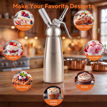 M Buder Whipped Cream Dispenser, Whip Cream Maker 500mL for Desserts Gourmet Cream Whipper with 3 Decorating Nozzles, Cleaning Brush, Silver