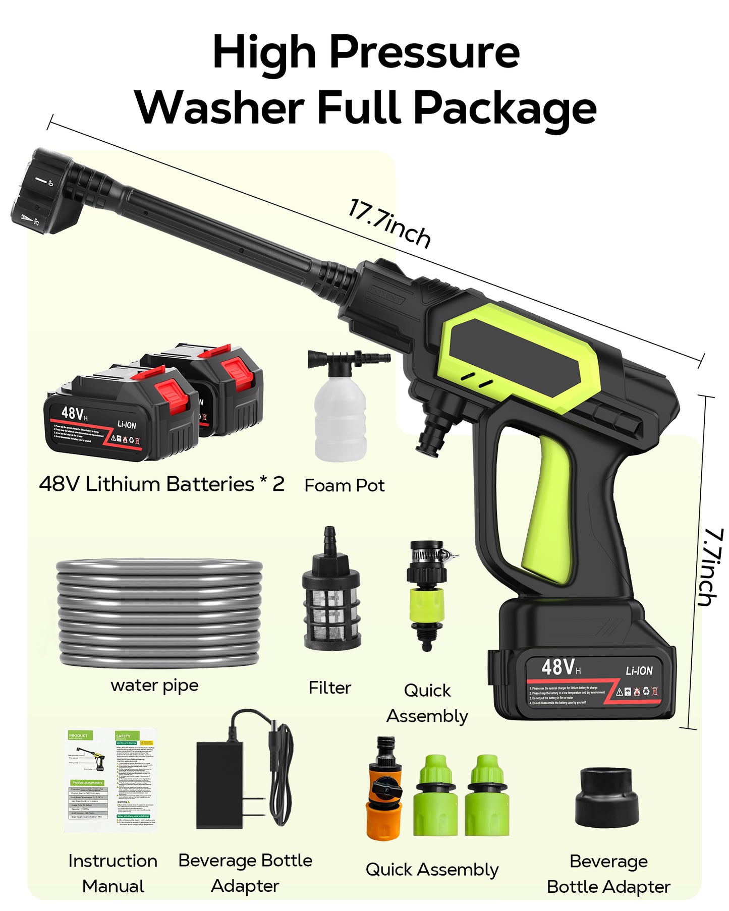 OHHANI Cordless Pressure Washer, 1000PSI 2.4GPM 6-in-1 Nozzles, Portable Handheld Pressure Washer, 48V with Two 1500mAh Batteries, Suitable for Home Car Garden