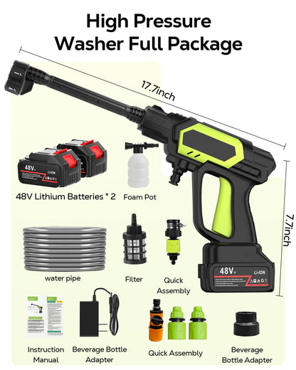 OHHANI Cordless Pressure Washer, 1000PSI 2.4GPM 6-in-1 Nozzles, Portable Handheld Pressure Washer, 48V with Two 1500mAh Batteries, Suitable for Home Car Garden