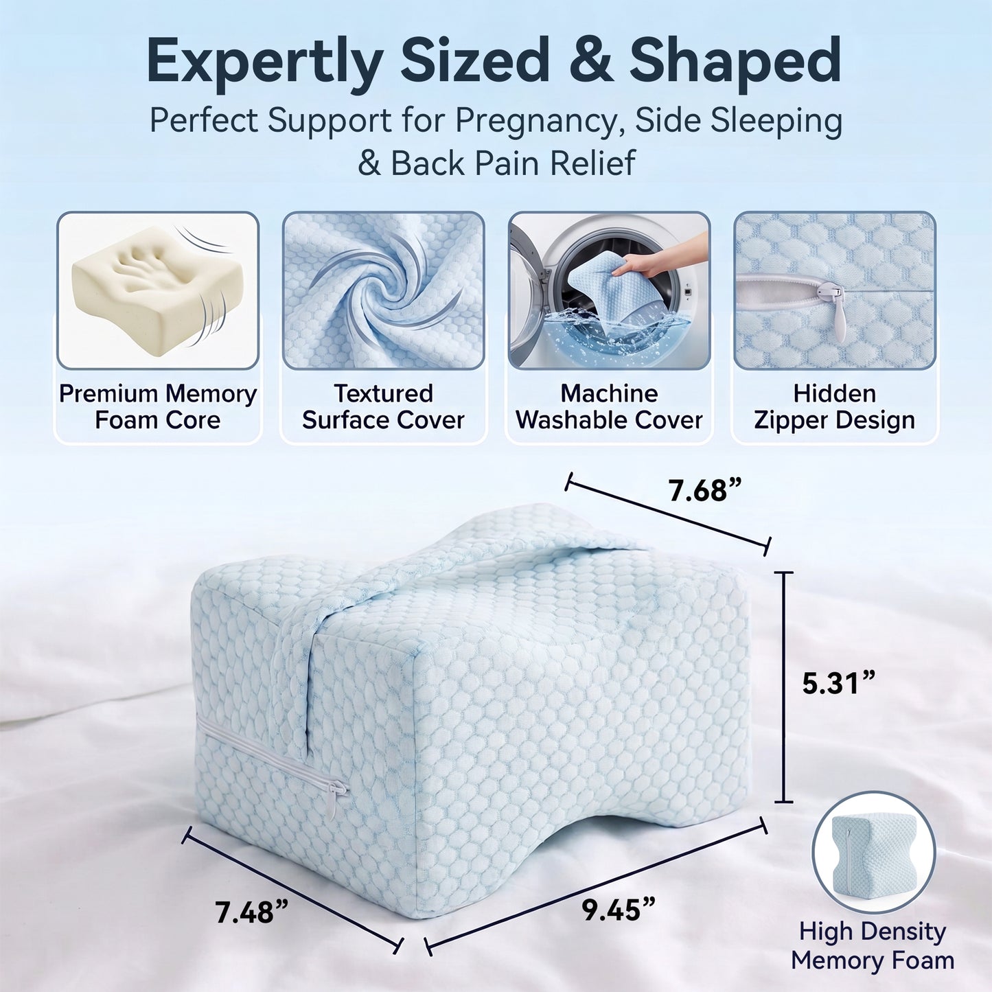 Alylo Memory Foam Knee Pillow for Side Sleepers, Ergonomic Leg Cushion with Adjustable Strap for Hip & Back Support, White