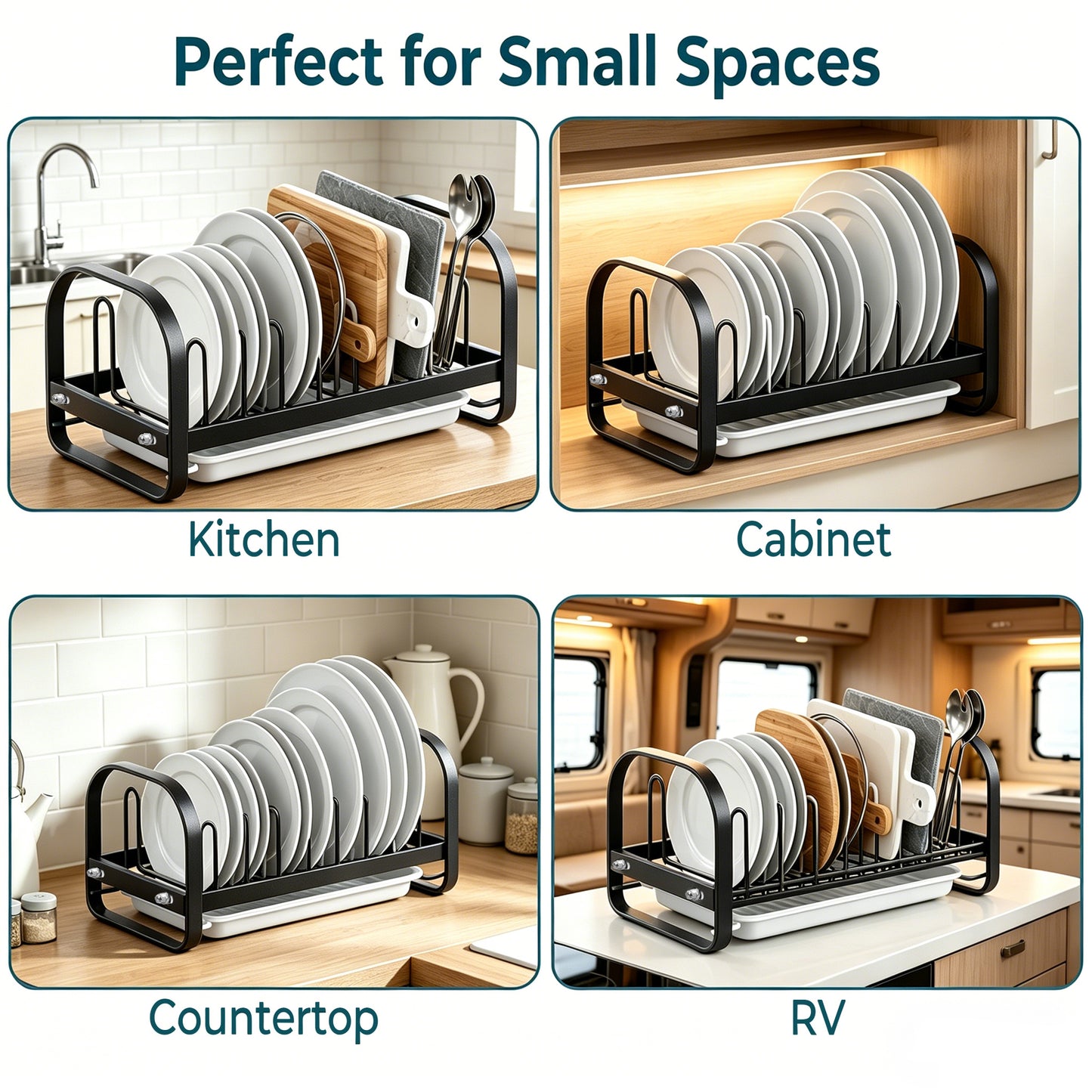 Riousery Dish Drying Rack with Drainboard, Compact Stainless Steel Dish Drainer for Small Kitchen Counter, 14.2" x 6.9" x 6.1", Black