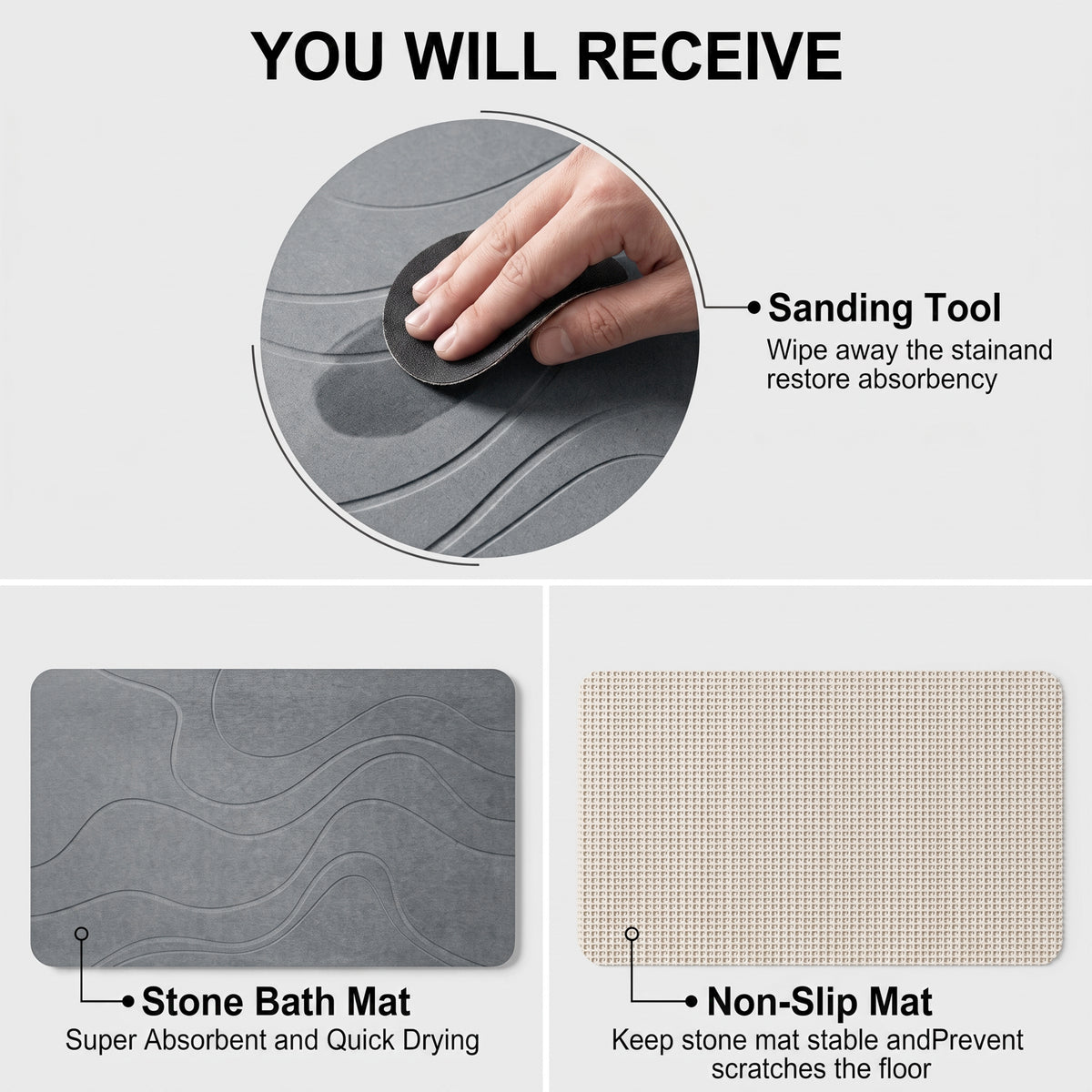 LZSDS Stone Bath Mat, 24" x 15" Diatomaceous Earth Shower Mat with Anti-Slip Base, Quick Dry Bathroom Mat for Kitchen Entryway, Grey