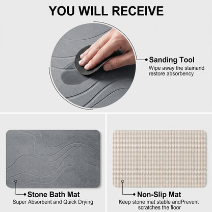 LZSDS Stone Bath Mat, 24" x 15" Diatomaceous Earth Shower Mat with Anti-Slip Base, Quick Dry Bathroom Mat for Kitchen Entryway, Grey