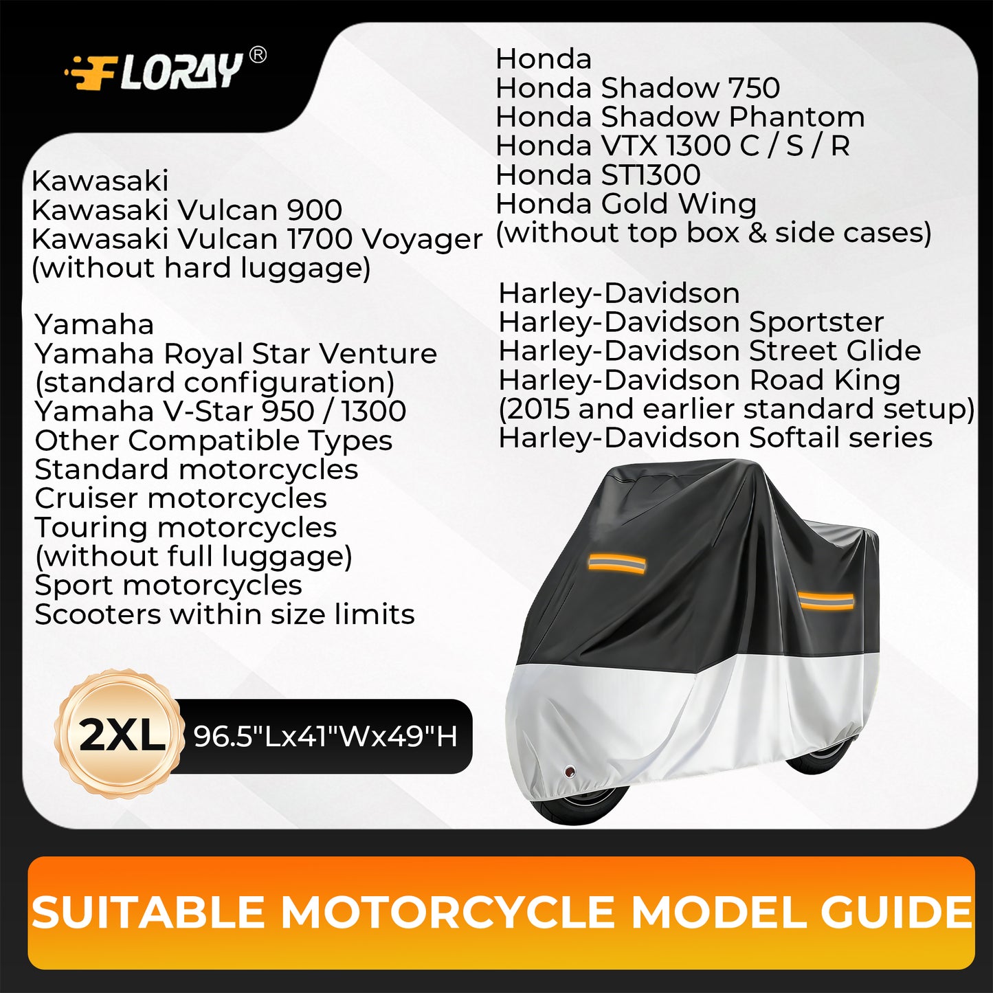FLORAY Lightweight All-Season Motorcycle Cover, Waterproof Outdoor Protection with Reflective Strips and Windproof Buckles, 2XL