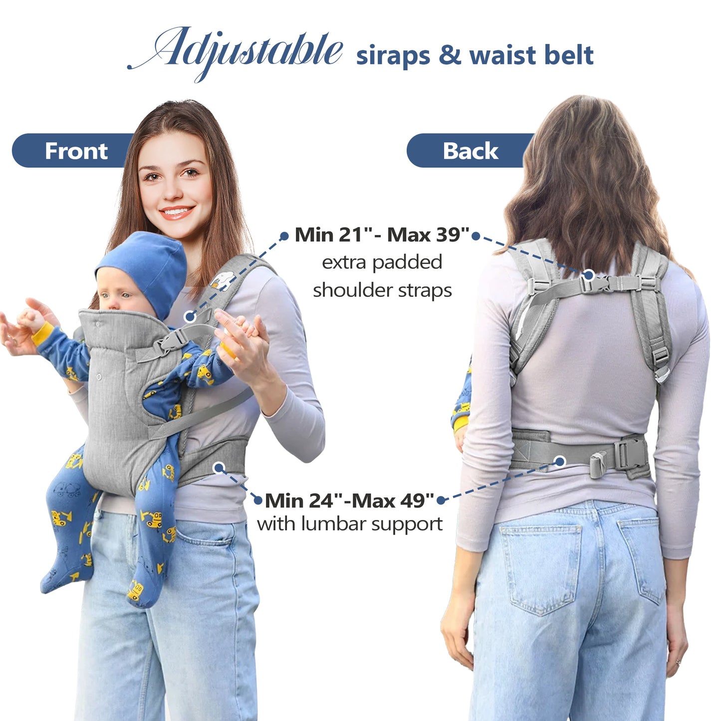 RUPOUN Baby Carrier, Convertible Soft & Cool Baby Carrier, 4-Position, Gray, for Child, Infant, Newborn