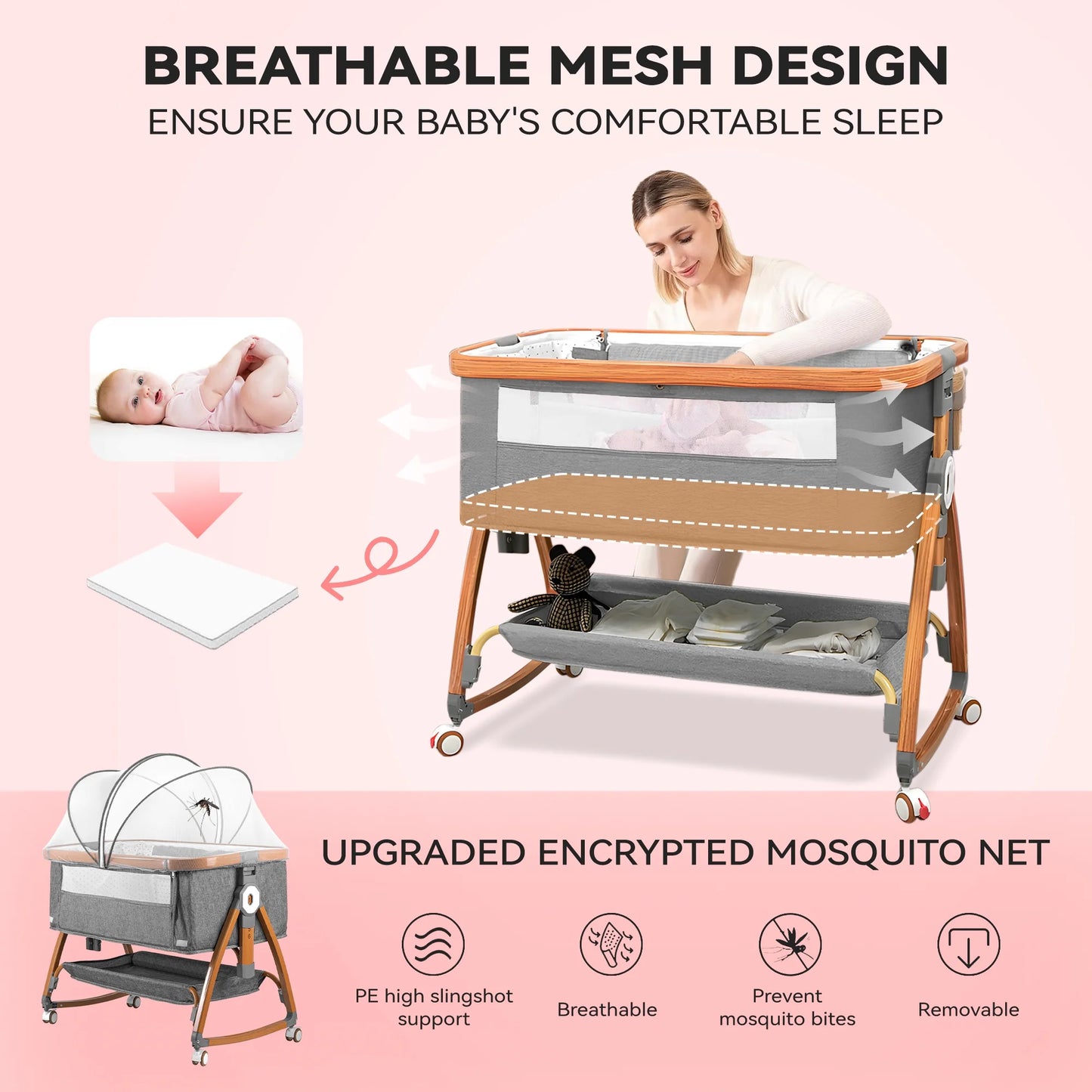 Rupoun Bassinet, Bedside Sleeper, Foldable Baby Crib with 6 Adjustable Heights and Mesh Panels, for Infant Newborn Child, Gray
