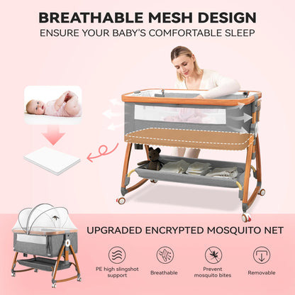 Rupoun Bassinet, Bedside Sleeper, Foldable Baby Crib with 6 Adjustable Heights and Mesh Panels, for Infant Newborn Child, Gray