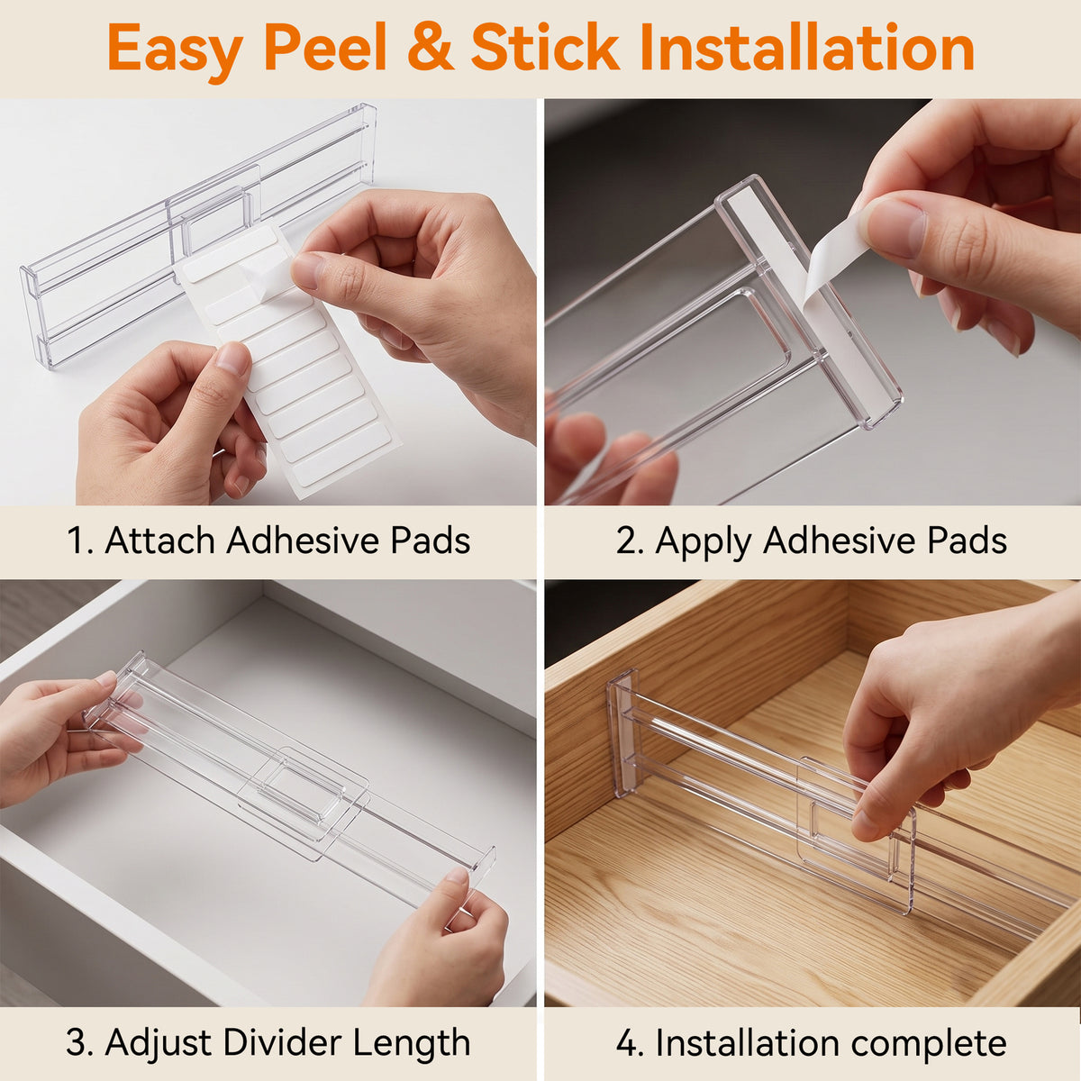 Riousery 9 Pack Adjustable Clear Acrylic Drawer Dividers, Expandable 11.4-21.7 in Drawer Organizers with Adhesive Pads for Kitchen, Bedroom, Bathroom & Office