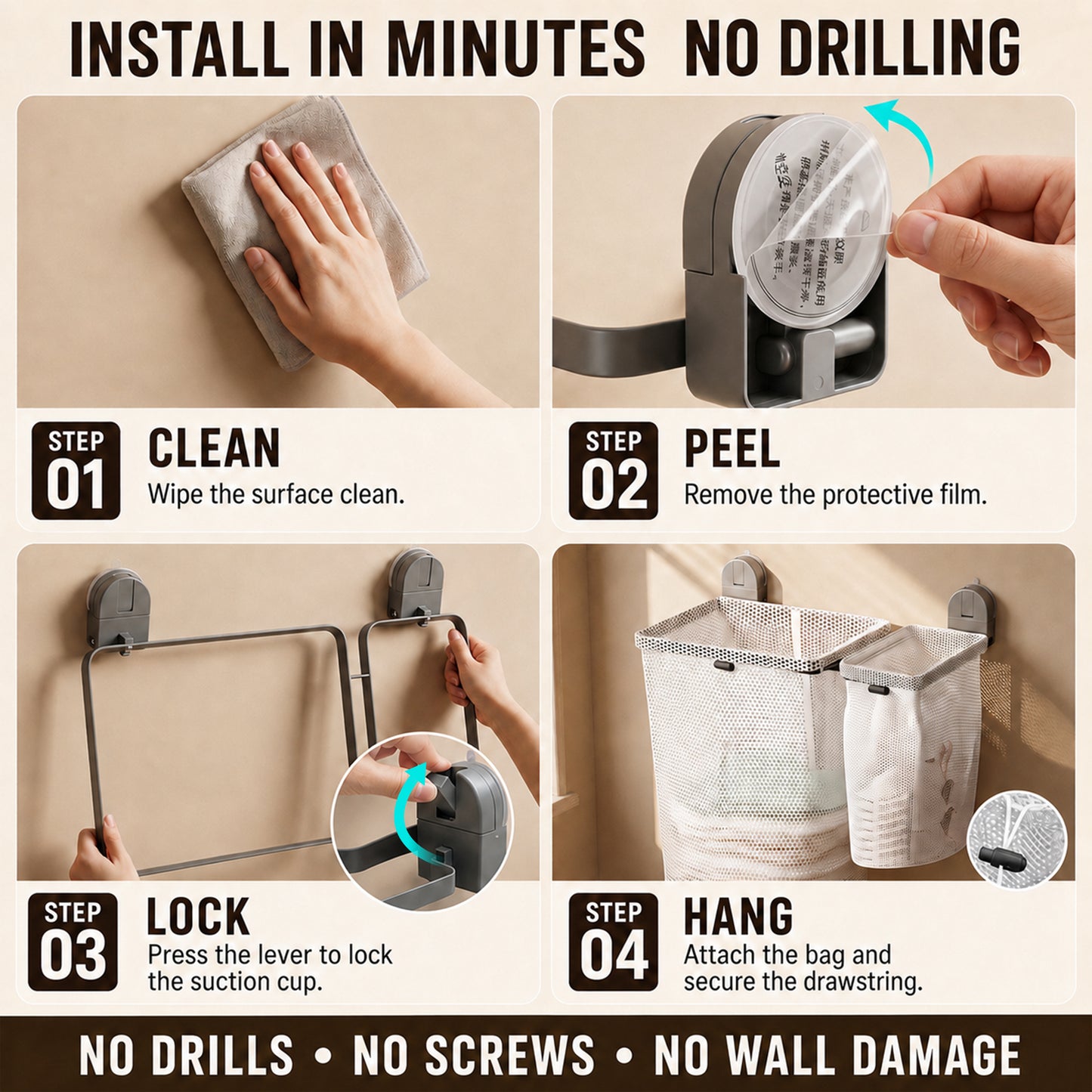 Riousery Wall Mounted Foldable Laundry Hamper, No-Drill Suction Cup Mount, 4 Removable Mesh Wash Bags