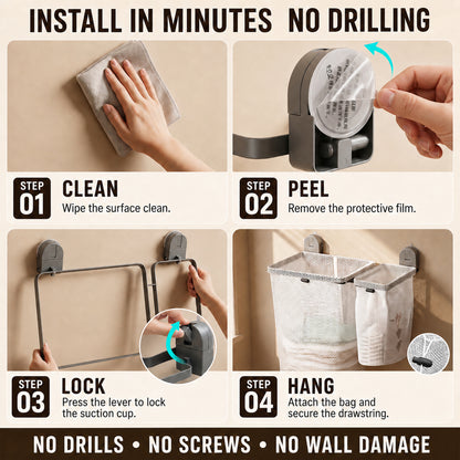 Riousery Wall Mounted Foldable Laundry Hamper, No-Drill Suction Cup Mount, 4 Removable Mesh Wash Bags