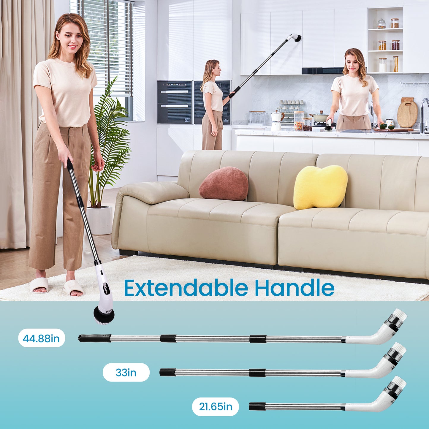 BIMZUC Electric Spin Scrubber, Cordless Cleaning Brush, 8 Replaceable Heads, Adjustable Handle, 400 RPM Power, for Bathroom, Kitchen, Floors, White