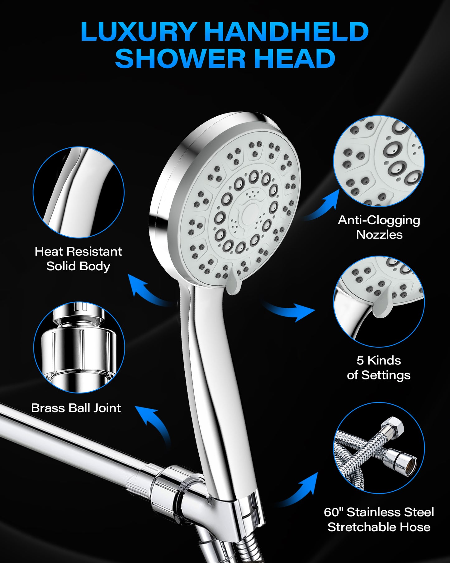 Hodvit Handheld Showerhead for Bathing 5 Spray Modes with 5 ft Stainless Steel Hose,Chrome