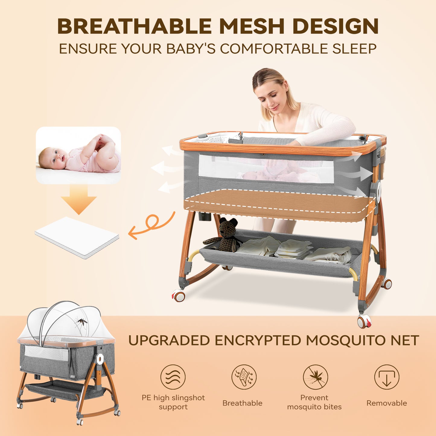 RUPOUN Bassinet Bedside Sleeper, Portable Baby Crib with 6 Adjustable Heights and Breathable Mesh Panels, Foldable, Gray