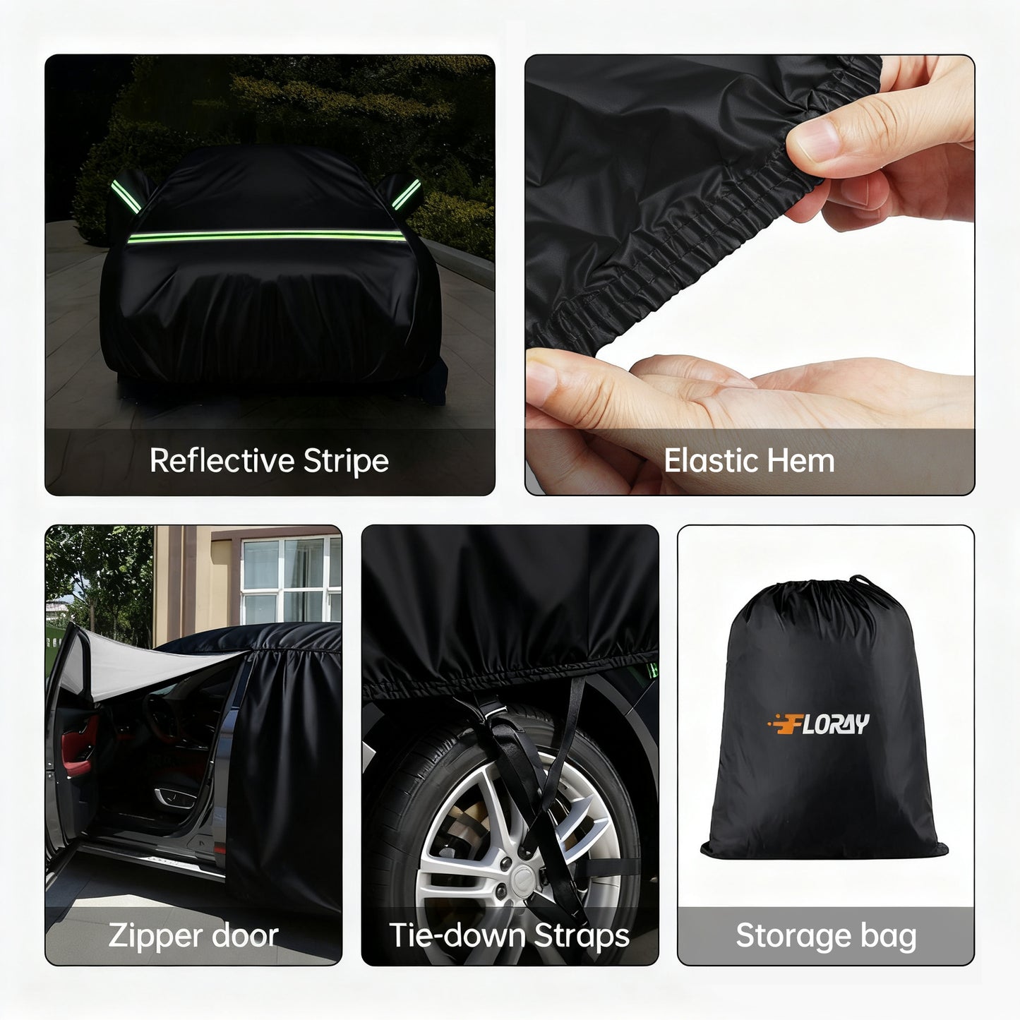 FLORAY Waterproof All-Weather Car Cover with Zipper Door, Heavy-Duty Windproof Vehicle Cover for Sedan & SUV, UV & Snow Protection, Black, 210" x 59" x 47"