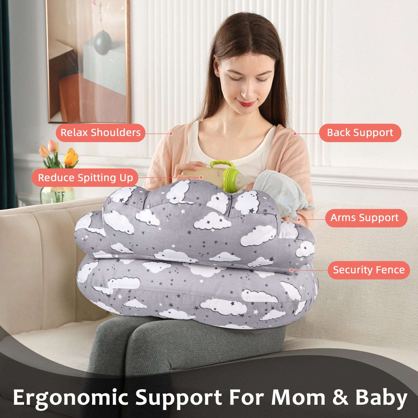 RUPOUN Nursinfg Pillow with Waist Strap for Breastfeeding, Grey