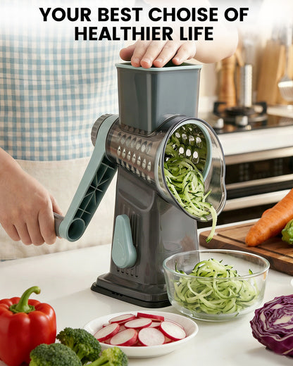 M Buder Rotary Cheese Grater with 3 Interchangeable Blades, Hand Crank Cheese Shredder Vegetable Chopper , Mandoline Slicer, Suction Base, Gray